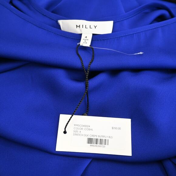 Milly Blouse Size 4 Blue Silk 3/4 Tulip Sleeve Scoop Neck Top - Picture 5 of 5